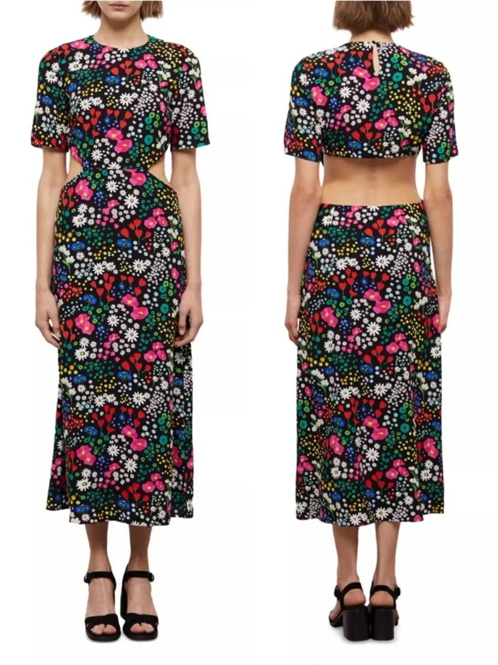 The Kooples Floral Midi Dress Cutout Waist Multicolor Short Sleeve